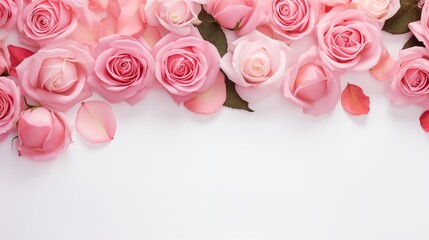 Decorative web banner. Close up of blooming pink roses flowers and petals isolated on white table background. Floral frame composition. Empty space, flat lay, top view