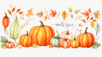 Naklejka premium An assortment of pumpkins and leaves representing an autumn harvest theme. The vibrant colors and elements symbolize the bounty and beauty of the fall season, ideal for seasonal decor.