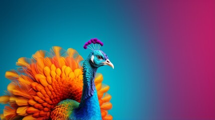 Fototapeta premium A strikingly colorful peacock showcasing its detailed feathers and vibrant tail against a gradient background. The image captures the elegance and beauty of this magnificent bird.