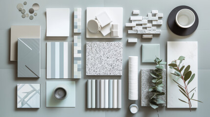 Flat lay of various neutral-toned interior design materials including tiles, fabric swatches, and decor pieces, arranged aesthetically, mood board and sample concept.