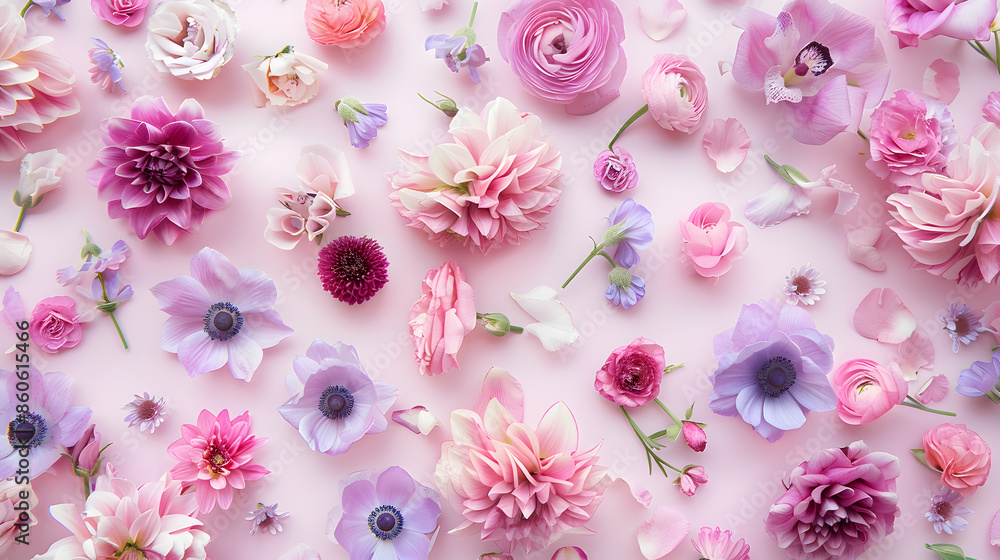 Poster Creative layout made with pink and violet flowers on bright background Flat lay Spring minimal concept : Generative AI