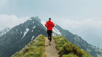A person in a red jacket running on a mountain trail with scenic snow-capped peaks and greenery during a cloudy day.