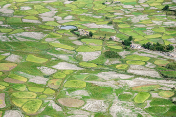 Aerial view of green field with house in background, Stongdae Monastery, Zanskar