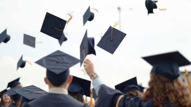 Graduation ceremony with students tossing caps into the air, celebrating academic achievement and the completion of their studies.