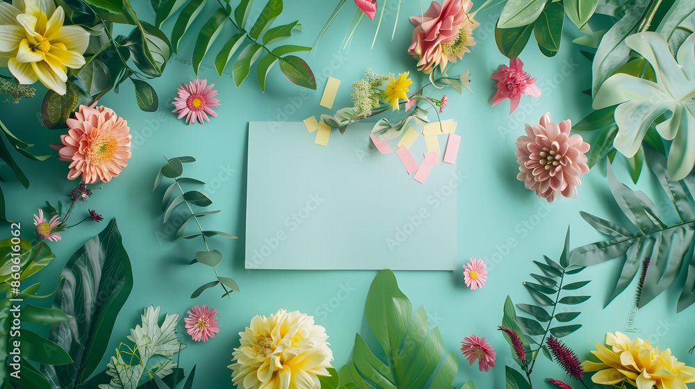 Poster creative layout made of flowers and leaves with paper card note flat lay nature concept : generative