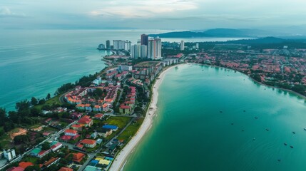Fototapeta premium Panoramic aerial shot of a beachfront city featuring colorful buildings, sandy shores, and clear turquoise waters, set against a backdrop of distant mountains.