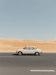 Vintage white car driving on an empty road with desert dunes in the background under a clear blue sky.
