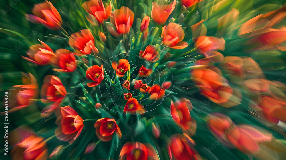Poster whirling abstract pattern of red flowers with a blurred motion effect against a green background : g