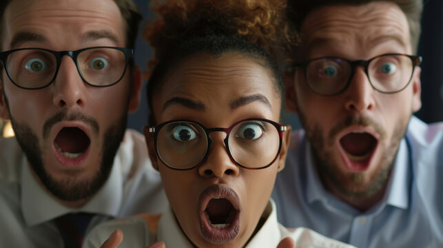 Three surprised colleagues with glasses, wide-eyed expressions, close-up. Diverse team reacting with shock in office setting.