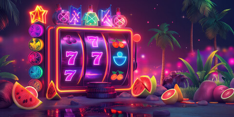 slot machine casino games and gambling chips 3d render banner