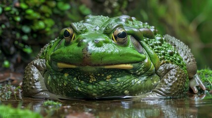 Obraz premium A large frog, primarily green, rests in a shallow pond amidst lush greenery, with detailed textures of its skin and surroundings captured in a natural, forest setting.