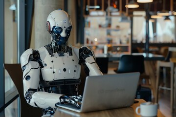 Fototapeta premium Futuristic robot working on laptop in modern cafe. High-tech atmosphere with robotic figure. Conceptual AI image illustrating technology's integration into daily life. Generative AI