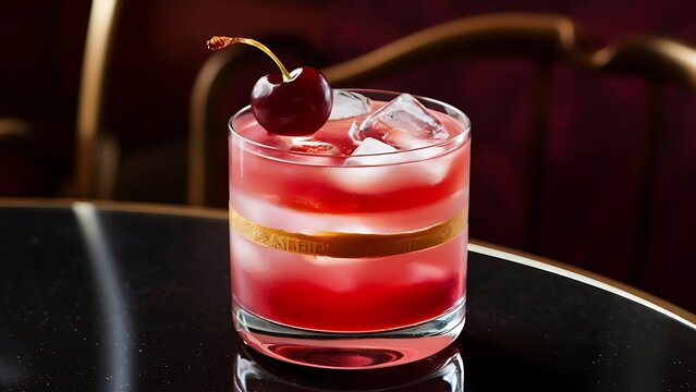 Rose with cherry red cocktail drink with pink vermouth amaretto liqueur cherry juice cocktail cherry and ice black