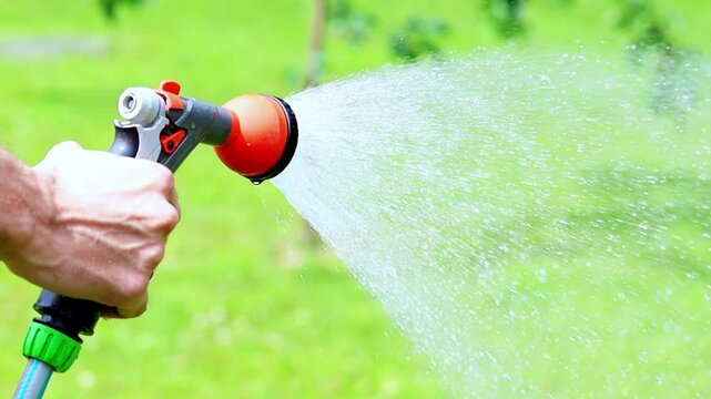 Garden watering and gardening. The garderen waters the beds in the garden with a hose. Close-up of a gardener hand with a hose showering the garden plants