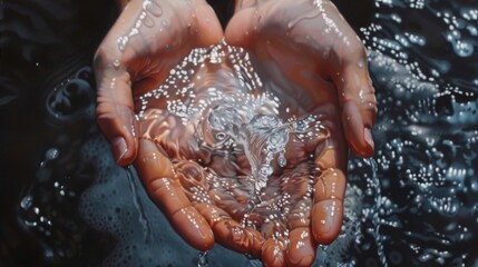 Fototapeta premium Hands carefully holding water with detailed droplets focused, emphasizing purity, care, and delicacy in handling natural elements, representing clarity and freshness.