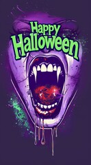 Scary Halloween illustration featuring a large open mouth with sharp fangs, blood dripping, and 'Happy Halloween' text in green on a dark purple background.