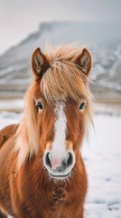 Obraz premium A brown horse with a white face stands in the snow