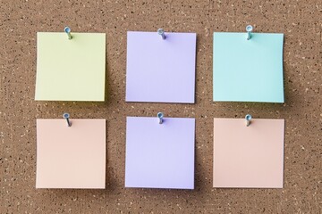Colorful sticky notes on a corkboard background. Simple and clean design. Ideal for organizing ideas or to-do lists in a clear and visually appealing way. Generative AI