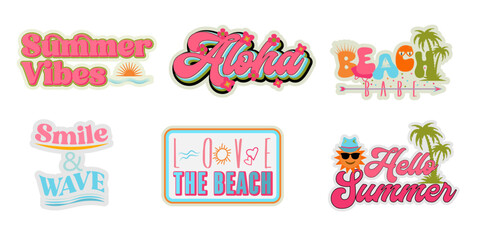Set cute summer holiday beach stickers. Hello summer, smile and wave, beach love, Aloha, summer vibes, beach babe lettering. Cartoon vector illustration.