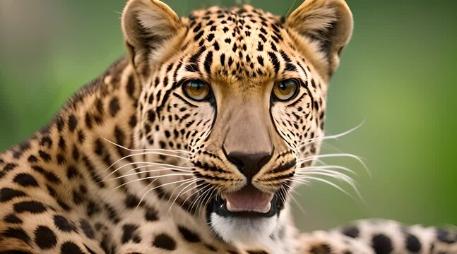 Close up of a leopard's face with a poised and regal expression