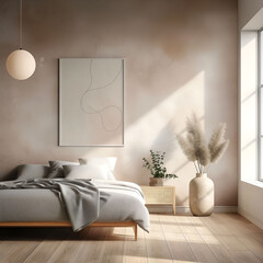 Aesthetic minimalist room interior design. Mockup picture frames. Concrete paint and mock up poster on the walls. Copy space. Clean apartment for decoration. Japandi, scandi, rustic style.