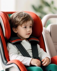 Cute toddler sitting in a red car seat looking out the window, ensuring safety and comfort during a car ride.