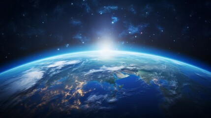 Fototapeta premium An awe-inspiring image of planet Earth captured from outer space, where a breathtaking sunrise is casting a beautiful glow over the horizon, lighting up the curvature.