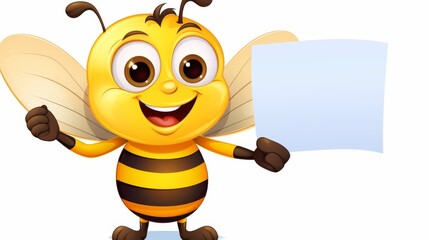 This friendly cartoon bee is smiling broadly while holding a blank piece of paper. The design is colorful and appealing, perfect for inserting custom text or artwork.
