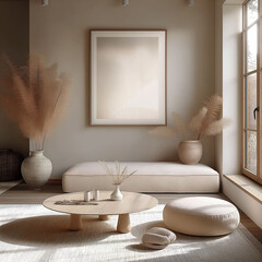 Aesthetic minimalist room interior design. Mockup picture frames. Concrete paint and mock up poster on the walls. Copy space. Clean apartment for decoration. Japandi, scandi, rustic style.