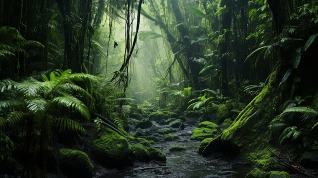 An image capturing the density of a jungle with rays of sunlight illuminating the thicket and moss-covered rocks, creating an almost mystical atmosphere.