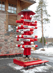 Roadsige pointing to several places all over the world, located in Finland