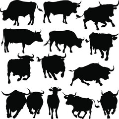 fourteen cows and bulls silhouettes isolated on white