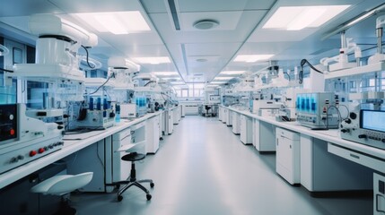 Fototapeta premium A state-of-the-art laboratory filled with advanced scientific equipment, showcasing a clean and organized space for cutting-edge research and experimentation.