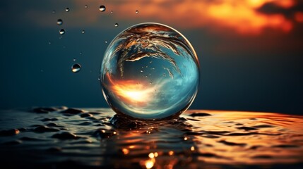 A luminescent sphere of water rests seamlessly on the water's surface, reflecting an apocalyptic, fiery sky, symbolizing calm amidst chaos, with ripples all around.