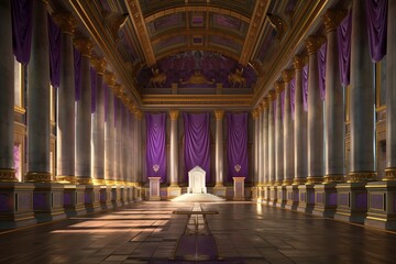 Obraz premium An empty throne hall adorned with rich purple and gold decor, with a central white throne. The throne is highlighted by the hall's dramatic lighting and high ceilings, giving it a regal presence.