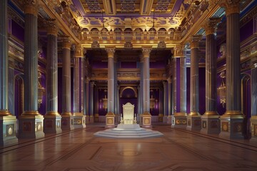 Fototapeta premium An empty throne hall adorned with rich purple and gold décor, with a central white throne. The throne is highlighted by the hall's dramatic lighting and high ceilings, giving it a regal presence.