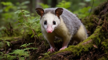 Fototapeta premium Close-up of an opossum standing firmly on a mossy tree branch amidst green foliage, highlighting its delicate features and the lush forest environment.