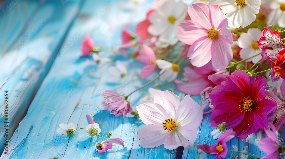 Poster garden flowers over blue wooden table background backdrop with copy space : generative ai