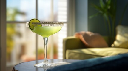 Elegant margarita cocktail glass with lime on a sunny windowsill