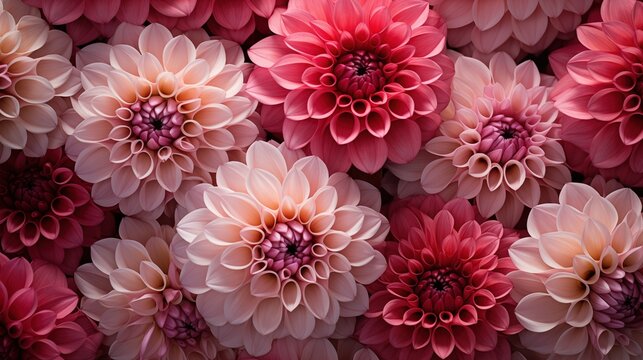 Dahlia flowers background. A close-up view of multiple pink and red dahlia flowers in full bloom, showcasing their intricate petal patterns and vibrant colors. Filled on full screen.