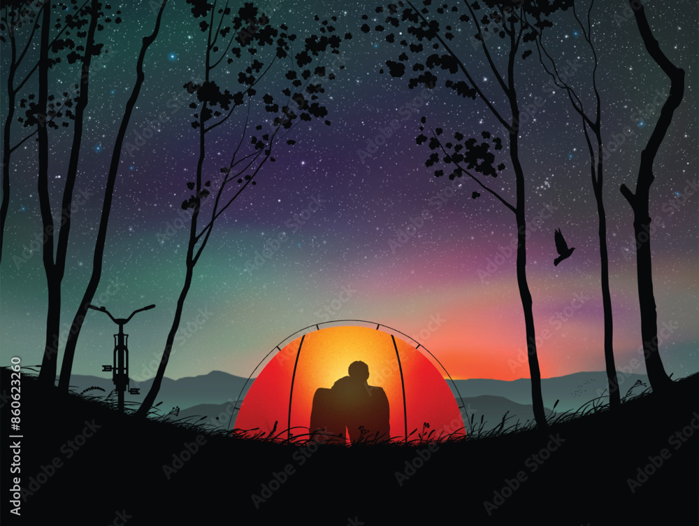 Sticker couple sit in orange tent. camping in mountains under night starry sky
