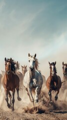 A group of horses running through the desert