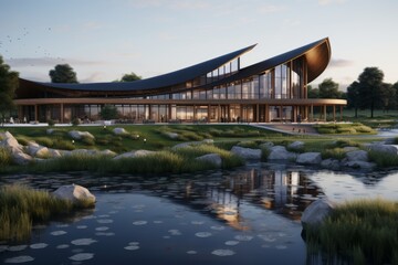 Fototapeta premium Sustainable glass office tower with wood elements for eco friendly corporate environment
