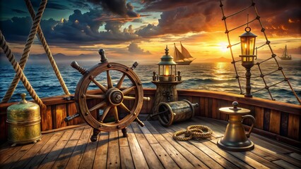 Naklejka premium Nautical-themed pirate game background featuring a helmed ship deck with cannons, black-sailed mast, treasure map, lantern, and compass.
