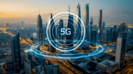 A circular digital interface of 5G network with smart city background, IoT and futuristic technology 5G network connection concept. 