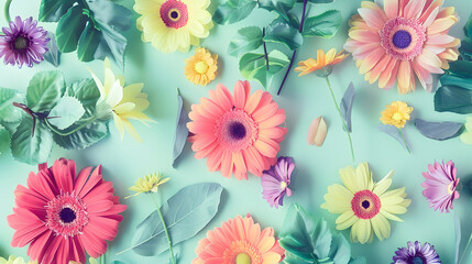 Creative arrangement with colorful flowers and green leaves Nature flat lay concept or greeting cardCreative arrangement with colorful flowers and g : Generative AI