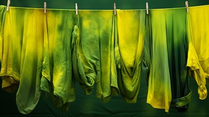 Green and yellow shirts hanging in a vibrant tie-dye pattern display, capturing the essence of creative expression and the carefree spirit of summer fashion.