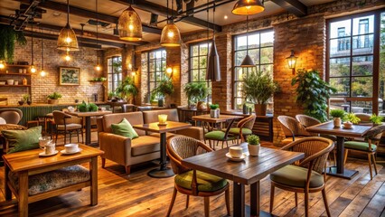 Fototapeta premium Inviting ambiance of rustic wooden tables, plush armchairs, and soft warm lighting in a quiet, idyllic cafe atmosphere.