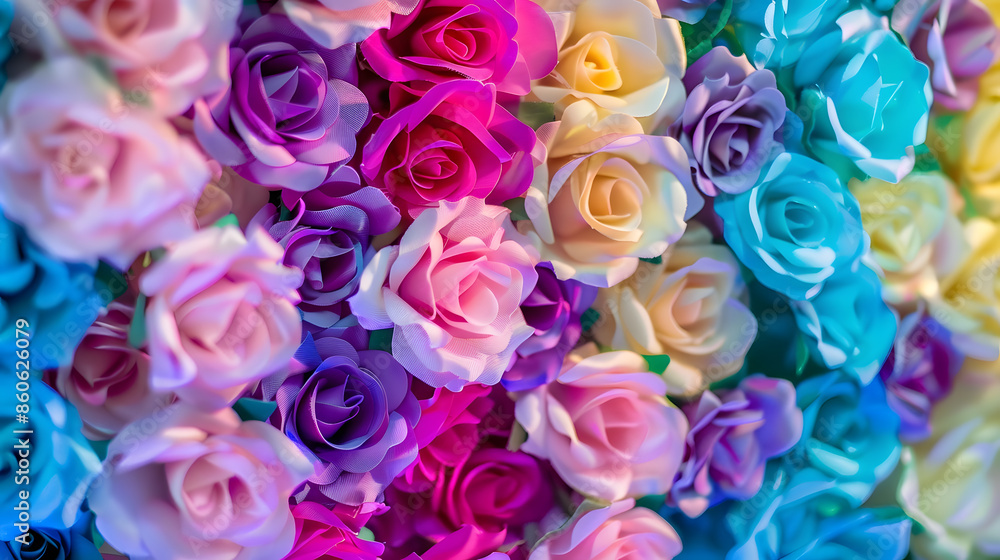 Aufkleber Selective focus of multi colour of artificial roses flowers backdrop Mixed colourful pattern texture of flora Can be used as background for display or montage products Abstract nature  : Generative AI
