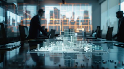 Obraz premium the building project is on the desk in the office meeting at a large company in the office. a large construction company